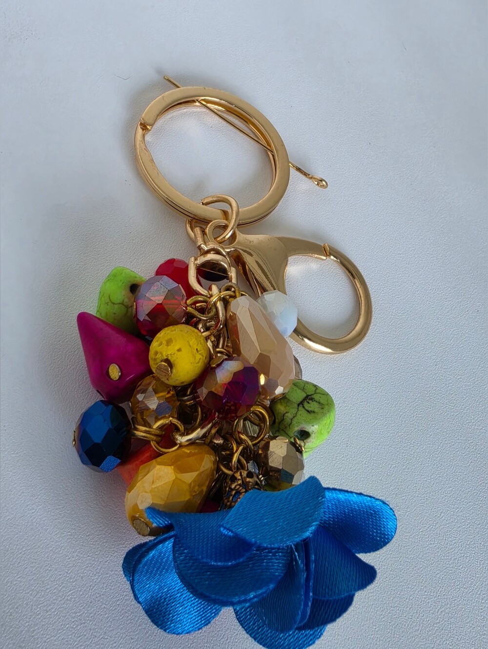 Gold-Tone Multicolor Bead & Blue Flower Keychain